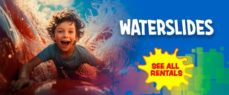 A joyful child with curly hair slides down a vibrant red waterslide with water splashing around. The text 'WATERSLIDES' in bold blue letters overlays the image, with a bright yellow call-to-action button stating 'SEE ALL RENTALS'.