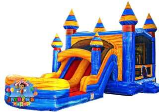 Castle-style inflatable combo with slide by Jayden's Party Rentals for kids' parties.