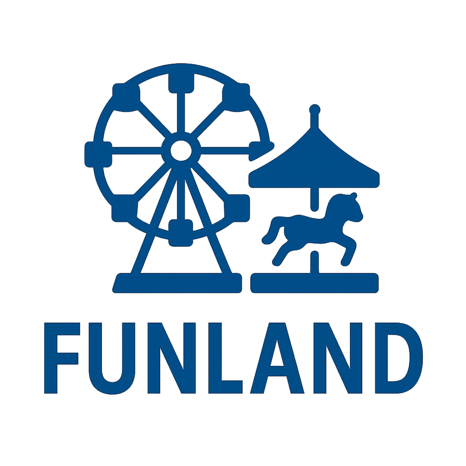 Logo for Funland amusement park featuring a Ferris wheel and carousel horse icon.