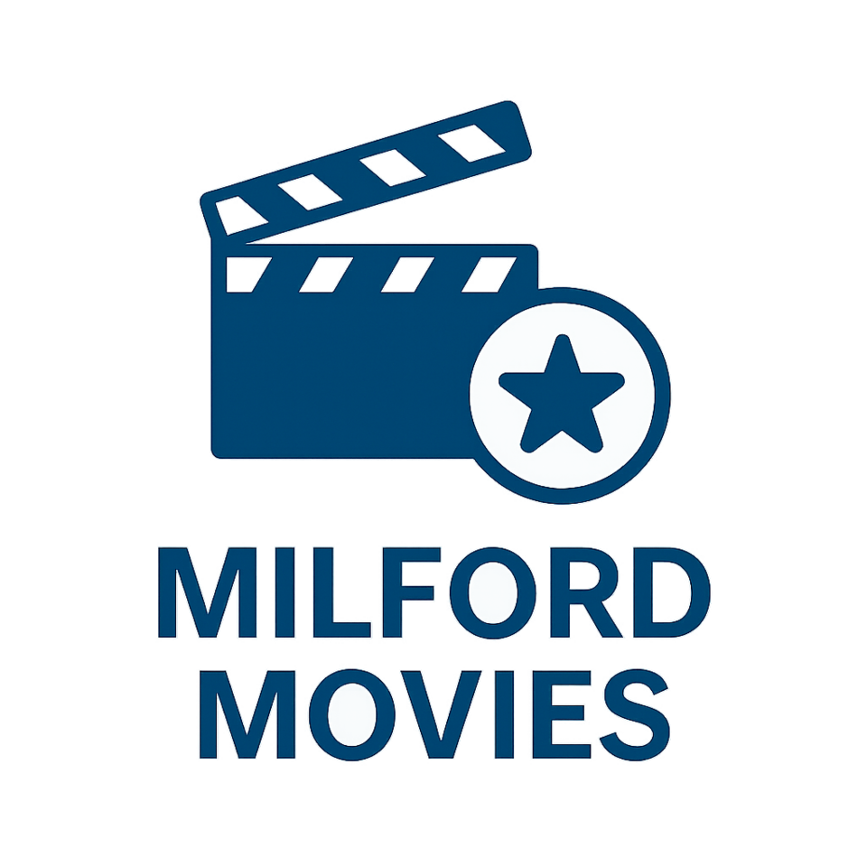 Icon of a movie clapperboard and star with the text "Milford Movies" in bold blue letters.