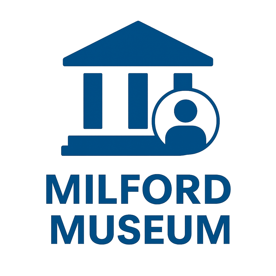 Icon of a classical museum building with a person silhouette and the text "Milford Museum" in bold blue letters.