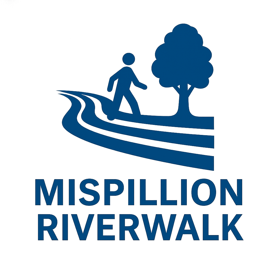 Icon of a person walking along a winding path beside a tree with the text "Mispillion Riverwalk" in bold blue letters.