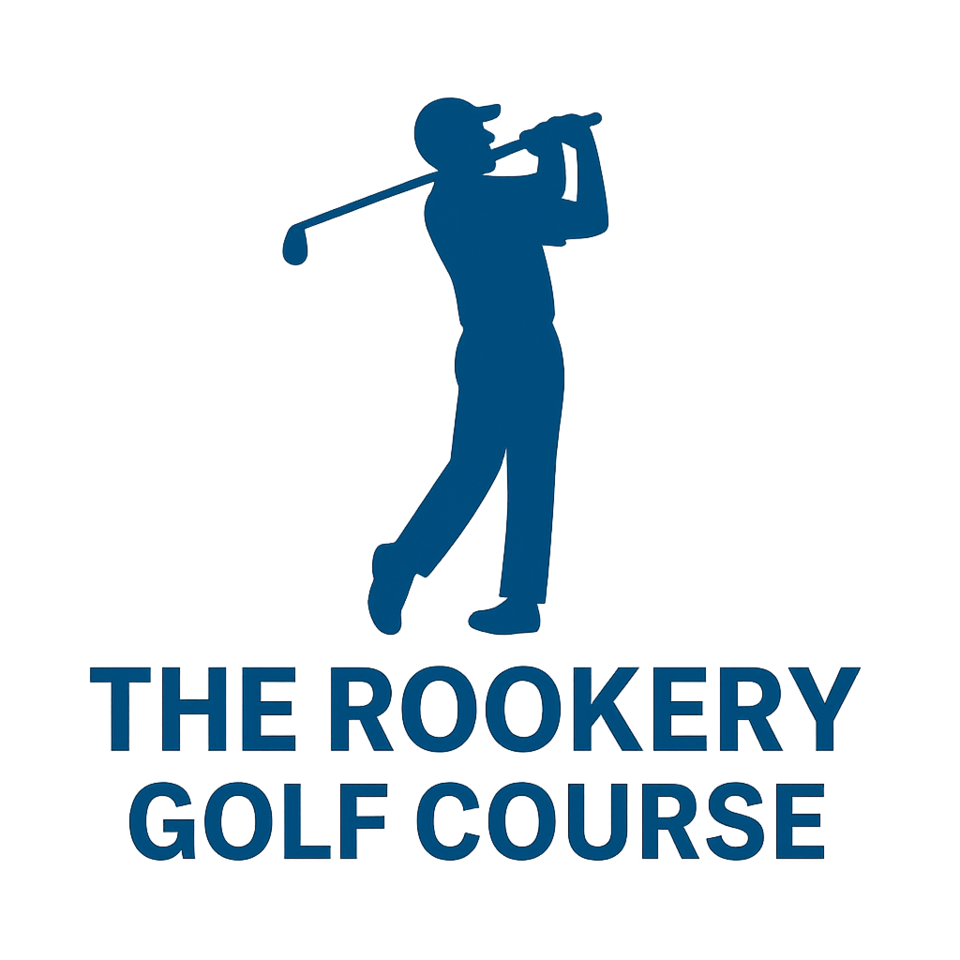 Blue silhouette icon of a golfer swinging a club above the text "The Rookery Golf Course" — matching the established visual style.