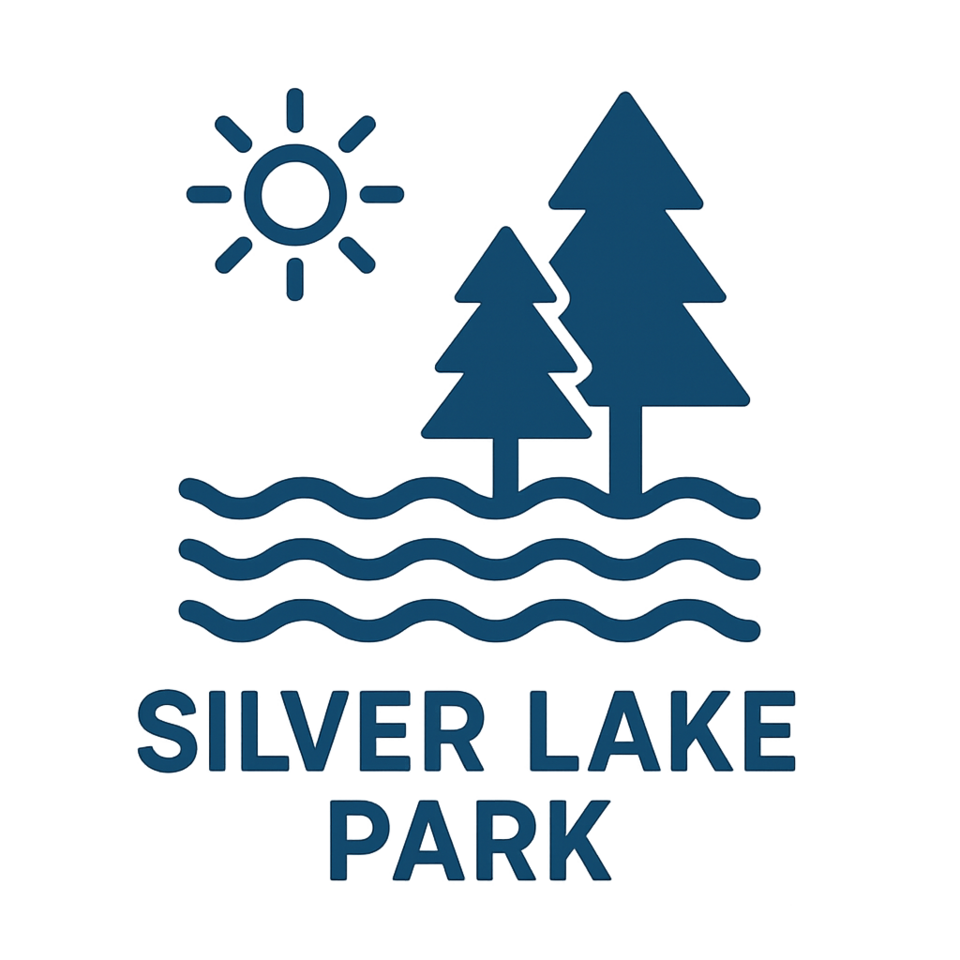 Silver Lake Park featuring pine trees, water waves, and a sun icon.
