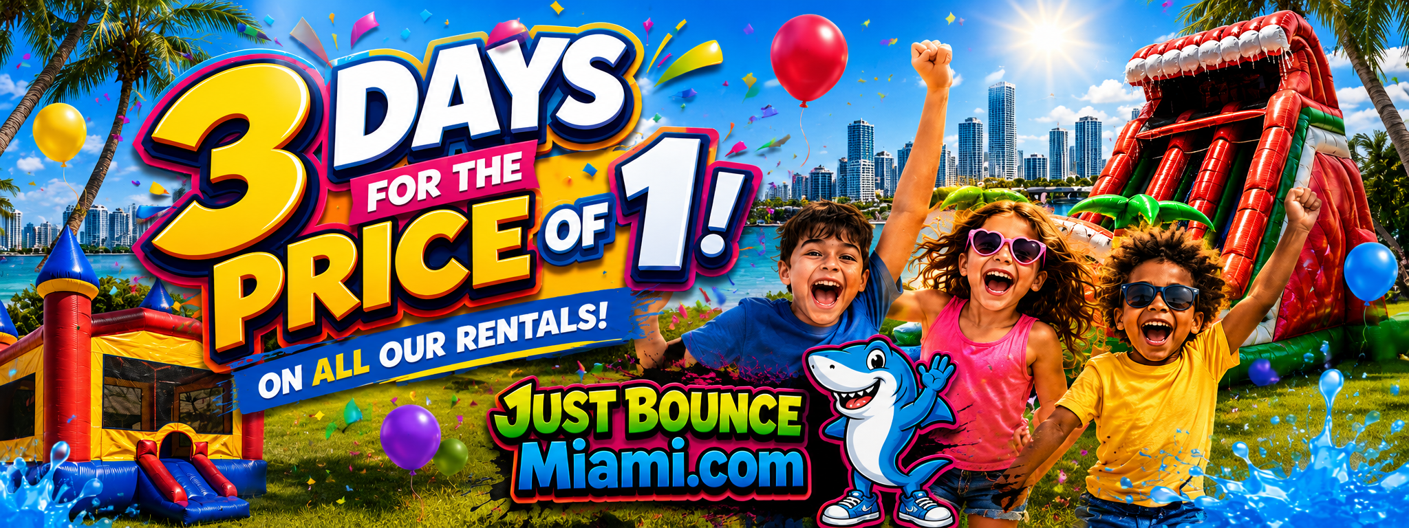 Three days for the price of one on all Just Bounce Miami bounce house and water slide rentals.