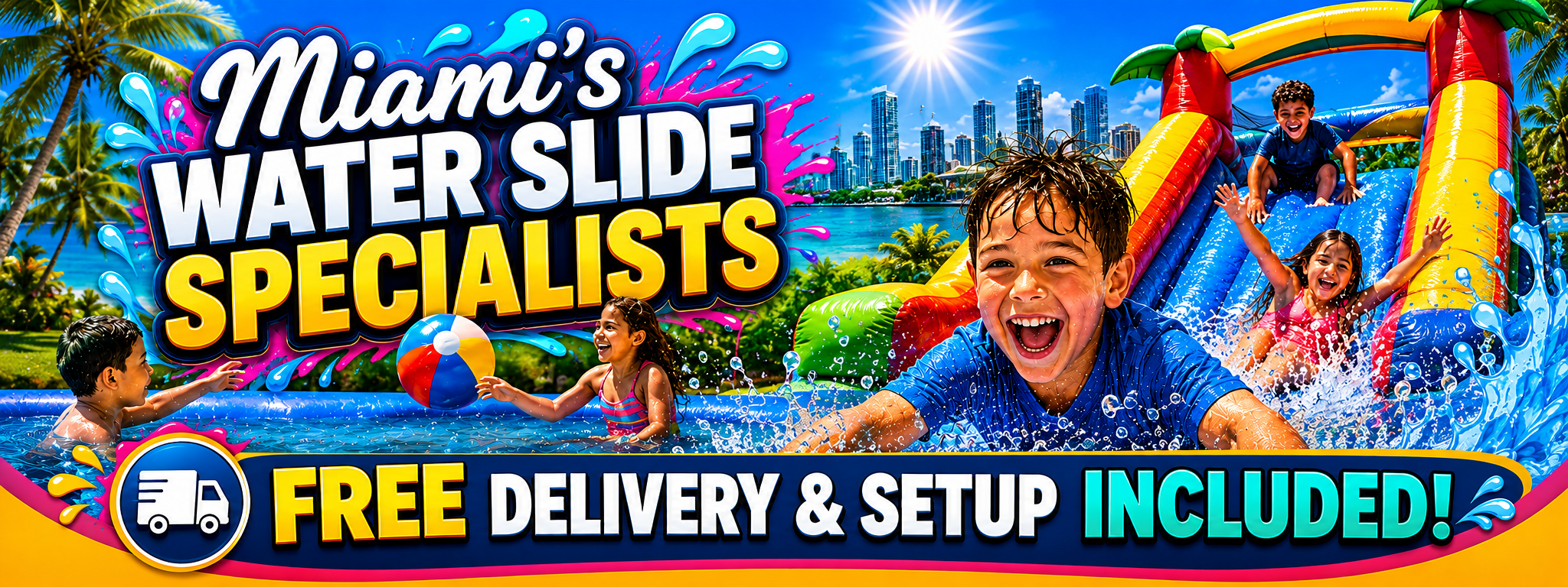 Kids sliding into a pool on a Miami water slide rental with free delivery and setup.
