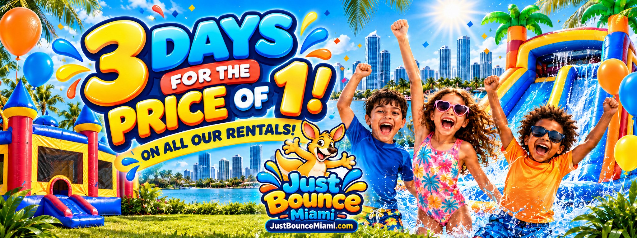 Three days for the price of one on all Just Bounce Miami bounce house and water slide rentals.
