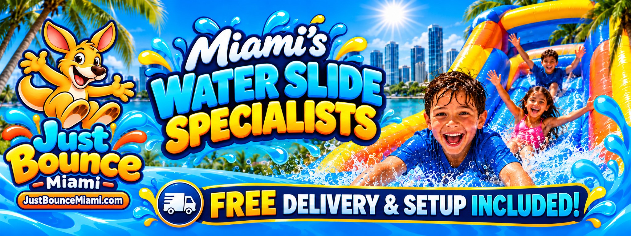 Kids sliding into a pool on a Miami water slide rental with free delivery and setup.