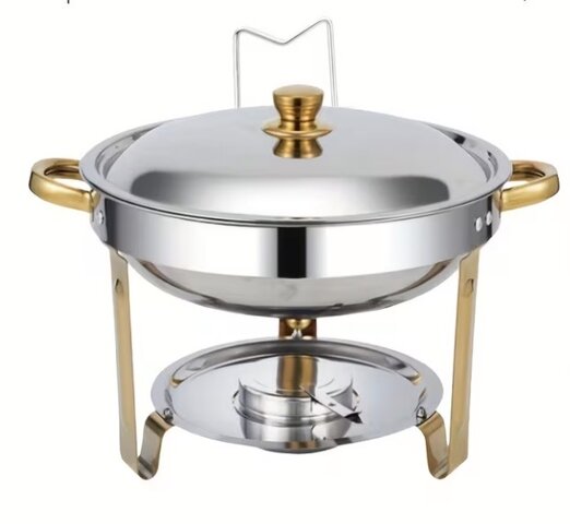 Silver w/Gold Trim Round Chafing Warming Tray Pan