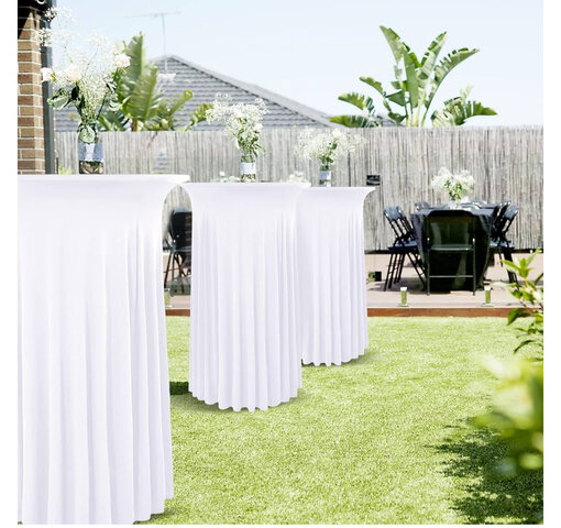 White Round Spandex Cocktail Highboy Tablecloths 32”x43”