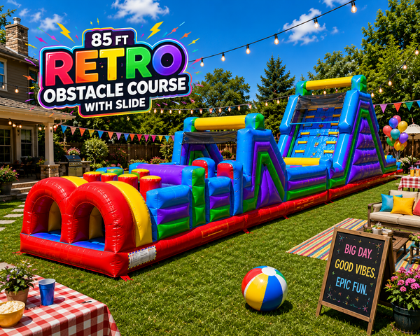 85FT Colorful Retro Wet/Dry Obstacle Course 