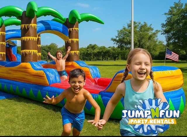 DOUBLE LINE TROPICAL SLIP AND SLIDE WITH POOL