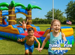 DOUBLE LINE TROPICAL SLIP AND SLIDE WITH POOL
