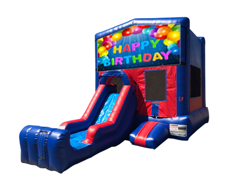 Happy Birthday Mini Red & Blue Bounce House Combo w/ Single Lane Dry Slide
