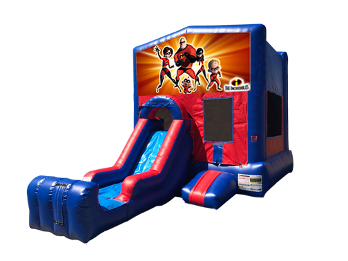 Incredibles Mini Red & Blue Bounce House Combo w/ Single Lane Dry Slide