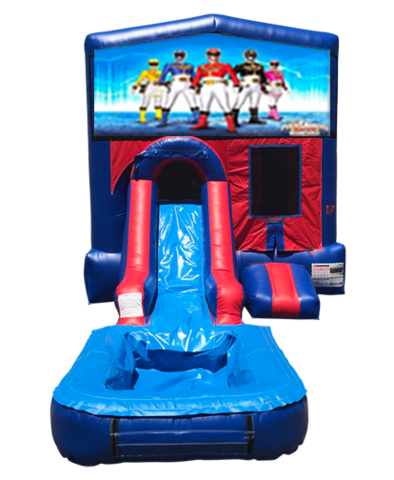 Power Rangers Mini Red & Blue Bounce House Combo w/ Single Lane Water Slide