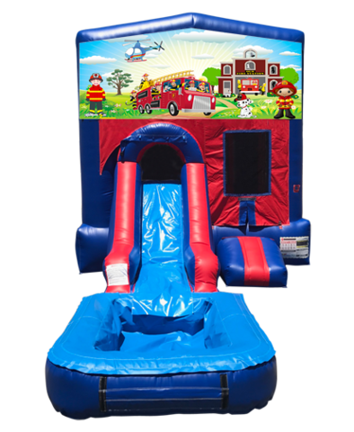 Fireman Mini Red & Blue Bounce House Combo w/ Single Lane Water Slide