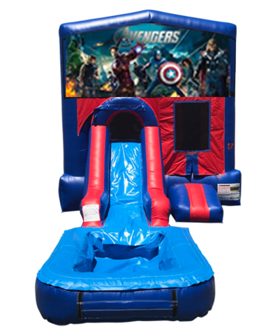 Avengers Mini Red & Blue Bounce House Combo w/ Single Lane Water Slide