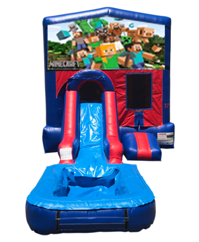 Minecraft Mini Red & Blue Bounce House Combo w/ Single Lane Water Slide