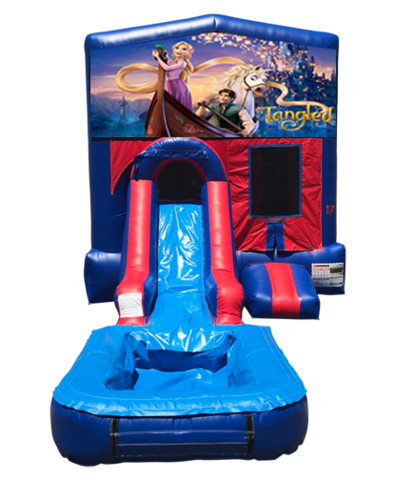 Tangled Mini Red & Blue Bounce House Combo w/ Single Lane Water Slide