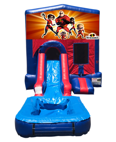 Incredibles Mini Red & Blue Bounce House Combo w/ Single Lane Water Slide