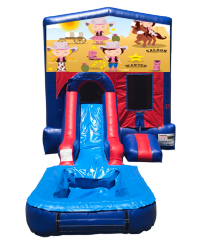 Cowgirls Mini Red & Blue Bounce House Combo w/ Single Lane Water Slide