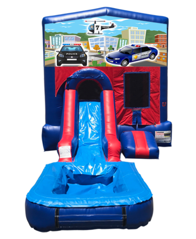 Policemen Mini Red & Blue Bounce House Combo w/ Single Lane Water Slide