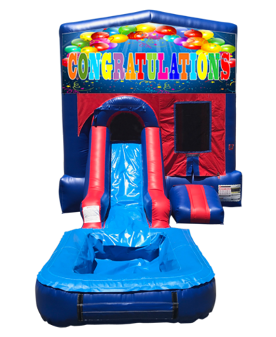 Congratulations Mini Red & Blue Bounce House Combo w/ Single Lane Water Slide