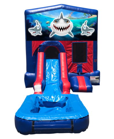 Sharks Mini Red & Blue Bounce House Combo w/ Single Lane Water Slide