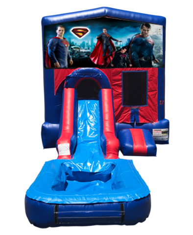 Superman Mini Red & Blue Bounce House Combo w/ Single Lane Water Slide