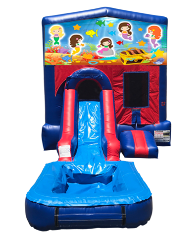 Mermaids Mini Red & Blue Bounce House Combo w/ Single Lane Water Slide