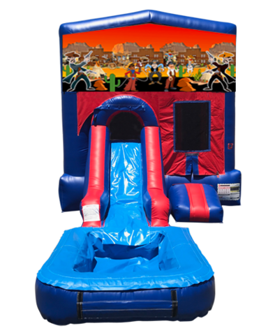 Cowboys Mini Red & Blue Bounce House Combo w/ Single Lane Water Slide