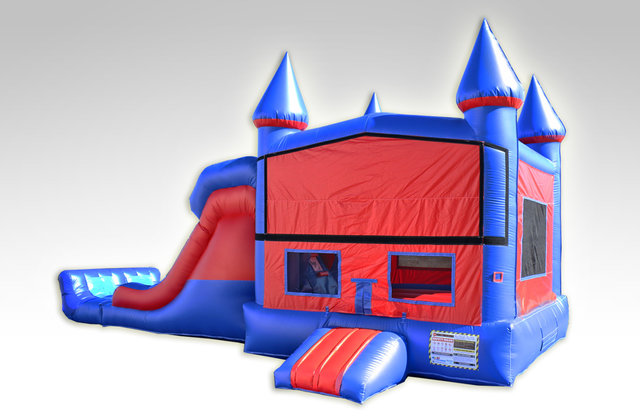 A Red and Blue Bounce House Combo w/Dual Lane Dry Slide