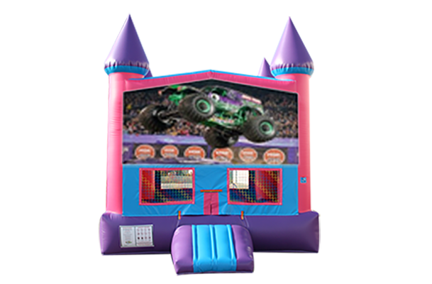 Monster Trucks Pink and Purple Castle Moonwalk w/ basketball goal