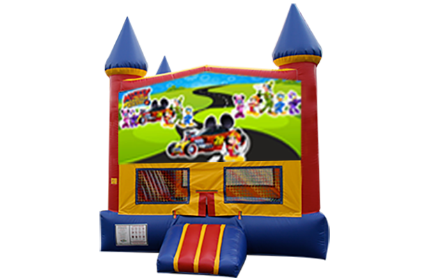 Mickey Mouse Roadster Red, Yellow, Blue Castle Moonwalk w/basketball goal