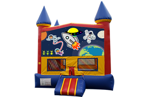 Outer Space Red, Yellow, Blue Castle Moonwalk w/basketball goal