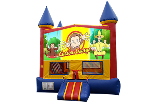 Curious George Red, Yellow, Blue Castle Moonwalk w/basketball goal