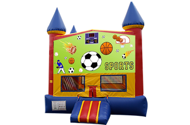 Sports Red, Yellow, Blue Castle Moonwalk w/basketball goal