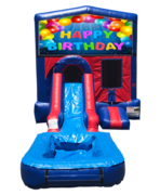 Happy Birthday Mini Red & Blue Bounce House Combo w/ Single Lane Water Slide