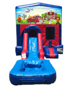 Fireman Mini Red & Blue Bounce House Combo w/ Single Lane Water Slide