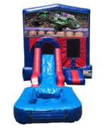 Monster Truck Mini Red & Blue Bounce House Combo w/ Single Lane Water Slide