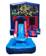 Ninja Turtles Mini Red & Blue Bounce House Combo w/ Single Lane Water Slide