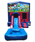 Super Mario Mini Red & Blue Bounce House Combo w/ Single Lane Water Slide