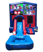 PJ Masks Mini Red & Blue Bounce House Combo w/ Single Lane Water Slide