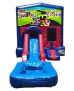 Mickey Mouse Roadster Mini Red & Blue Bounce House Combo w/ Single Lane Water Slide