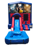 Beauty and the Beast Mini Red & Blue Bounce House Combo w/ Single Lane Water Slide