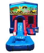 Construction Trucks Mini Red & Blue Bounce House Combo w/ Single Lane Water Slide