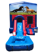 Horses Mini Red & Blue Bounce House Combo w/ Single Lane Water Slide