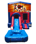 Incredibles Mini Red & Blue Bounce House Combo w/ Single Lane Water Slide