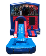 Justice League Mini Red & Blue Bounce House Combo w/ Single Lane Water Slide